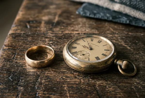 A worn gold wedding band set down beside a long-stopped brass pocket watch on a weathered oak table, the soft scratches of decades catching the light.