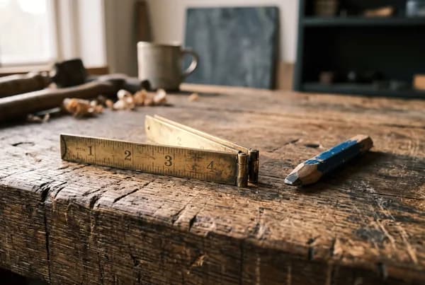 A part-opened folding brass ruler and a blunt carpenter's pencil left on a weathered oak workbench, low morning light picking out the worn markings.