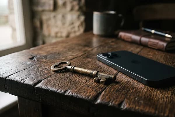 A single weathered brass key resting on an aged oak table beside a phone lying face-down.