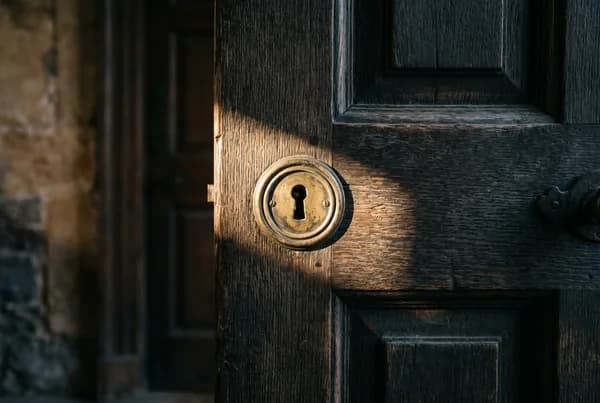 A single tarnished brass keyhole on a heavy dark oak door catching one narrow shaft of early morning light.