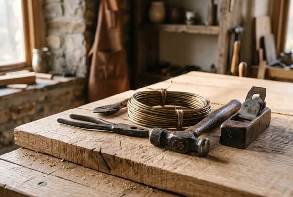 Weathered hand tools and a coil of aged brass wire resting on a fresh-cut oak board, the grain implying steady, patient rebuilding.