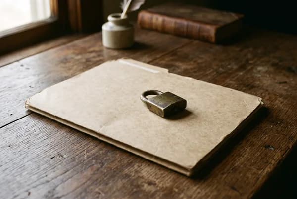 A folded manila document folder lying closed on a weathered oak desk with a small brass padlock resting on top of it.