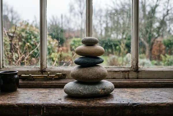 Five smooth river stones stacked unevenly on a weathered windowsill, soft diffused grey light behind them.