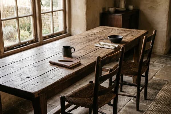A long weathered oak table with two empty chairs facing each other across the grain, soft window light raking the surface.
