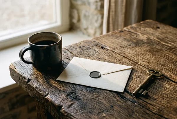 An unopened letter resting beside a cold, half-full mug on a still, weathered oak table with a brass key nearby.