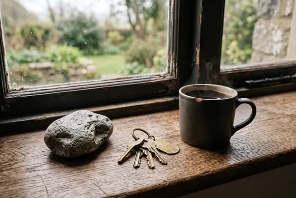 A worn oak windowsill holding a single chipped grey stone, a small ring of brass house keys, and a cooling mug of black coffee - quiet, half-used ordinary objects on a steady ledge.