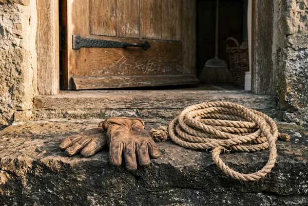 A pair of worn leather work gloves and a coiled rope left on a weathered stone doorstep, early morning light falling across the threshold.
