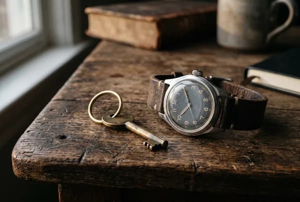 A weathered oak table holding a single brass key on a new ring beside an old, scuffed wristwatch.