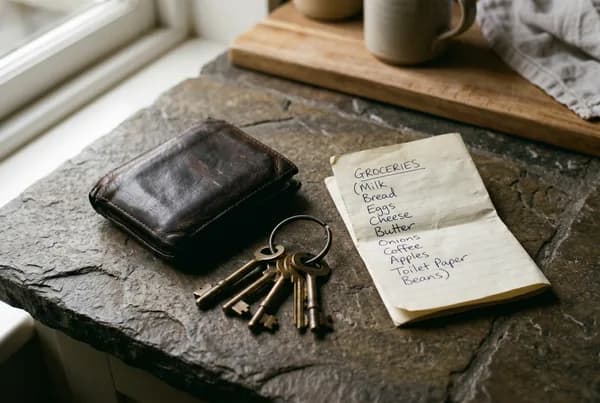 A worn leather wallet, a tangle of brass keys and a folded handwritten list on a stone kitchen counter in flat overcast daylight.