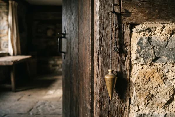 A brass plumb bob hanging perfectly still on its line beside a weathered oak doorframe, low morning light raking across the grain.