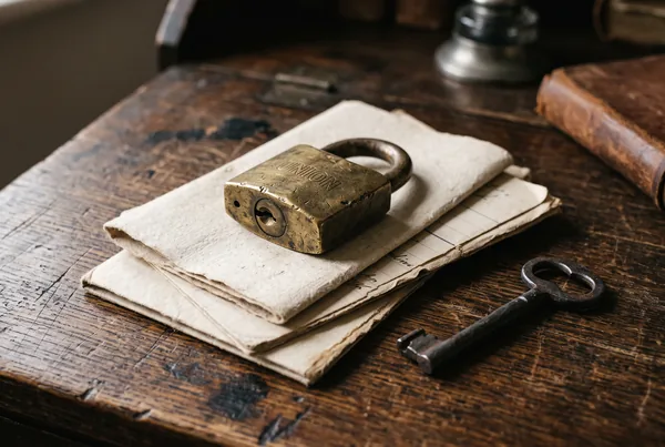 A weathered brass padlock resting closed atop a small stack of folded papers beside a single iron key on a scarred oak desk.