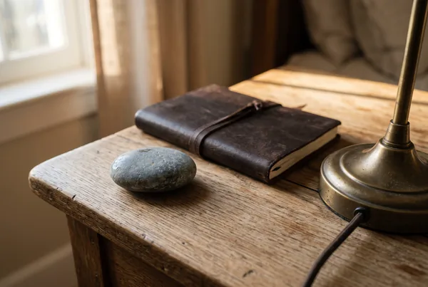 A single smooth grey stone resting on a plain oak desk beside a closed leather-bound notebook and the brass base of a desk lamp.