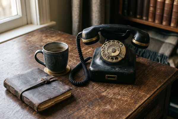 A single ceramic mug and a closed leather-bound notebook beside an old brass-and-bakelite rotary phone on a scuffed oak table - the unanswered call waiting to be made.