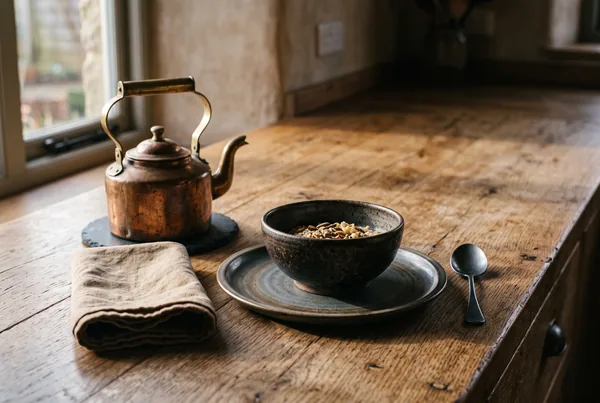 A single place set for one on a clean oak counter - a heavy stoneware bowl, a brass-handled kettle, and a folded cloth beside one plate, the rest of the counter bare.