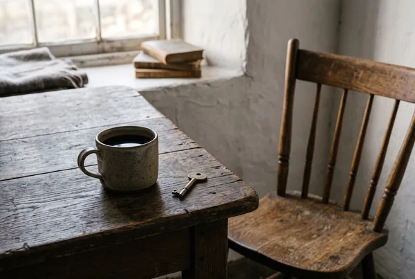 A single stoneware mug beside one empty oak chair at a weathered table, a dull brass key left near the rim - stillness measured for one.