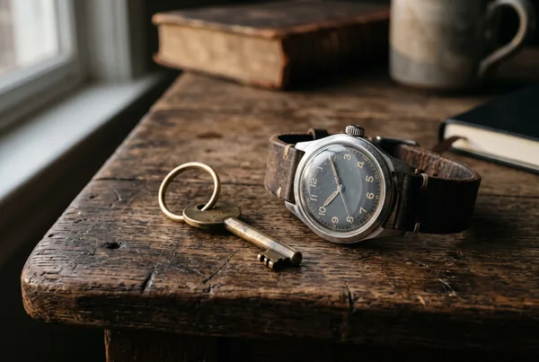 A weathered oak table holding a single brass key on a new ring beside an old, scuffed wristwatch.